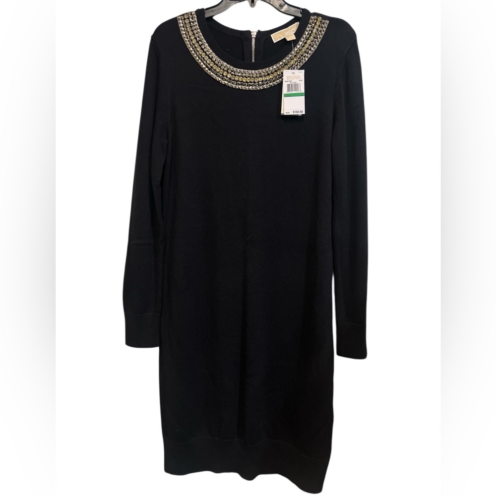 MICHAEL Kors Black Sweater Dress With Gold Tone Jeweled Neckline